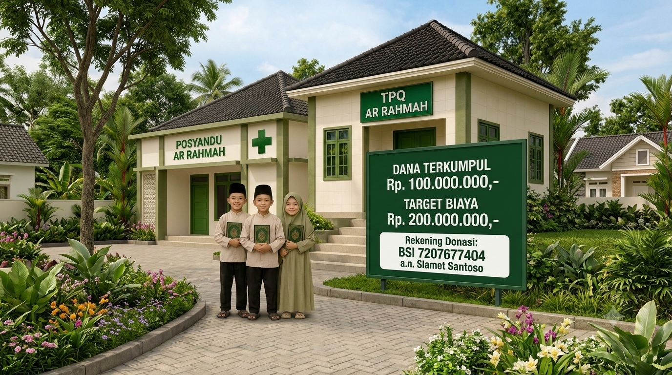 Ilustrasi Gedung TPQ Arrahmah dan Posyandu - Tampak depan bangunan dengan anak-anak memegang Al-Quran